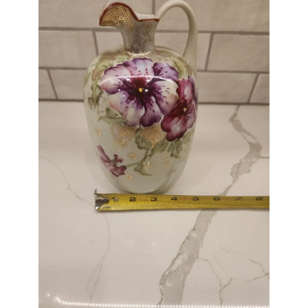 Vintage Hand Painted‎ Ceramic Pink Purple Floral Jug Ewer Gold Details Japan